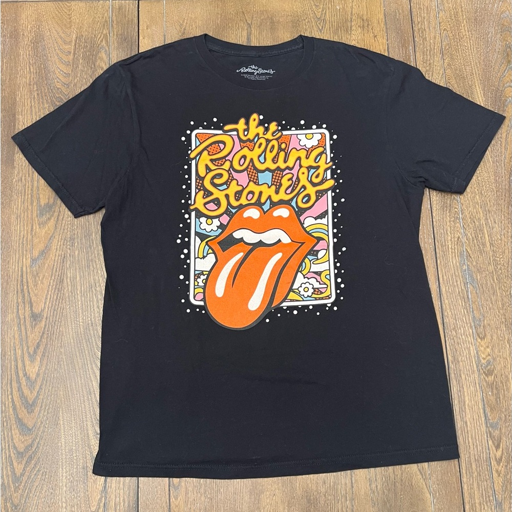 Retro Rolling Stones Black Tee with Orange and Yellow Logo